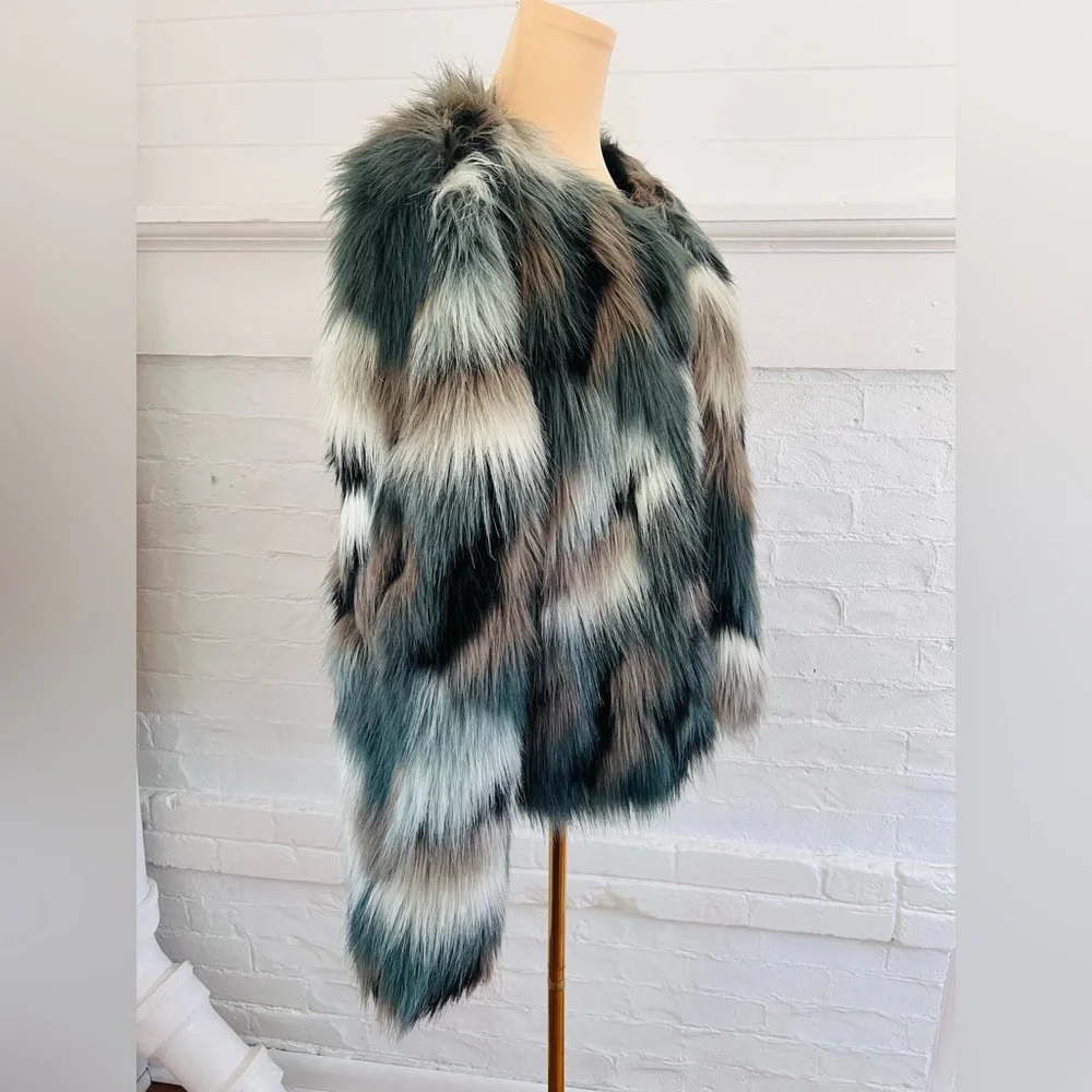 Willow And Clay Faux Fur Coat Teal Gray Multi Color Open Front Jacket Boho - Picture 4 of 12